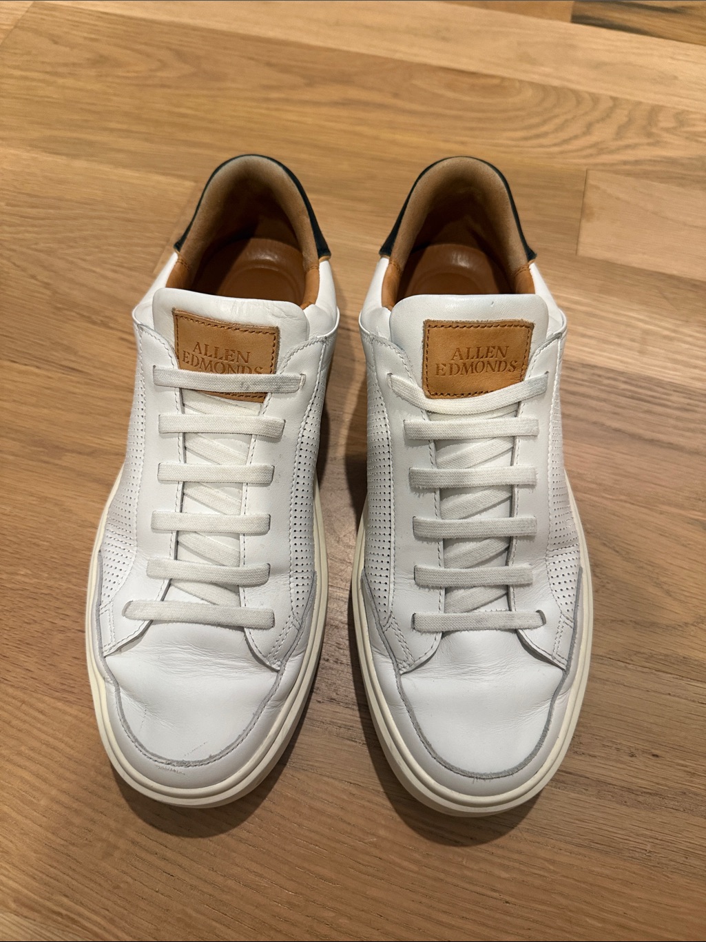Allen Edmonds White Leather Sneakers With Tan Label And Black Heel